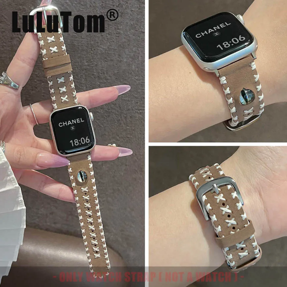 

Роскошный ремешок с камнем «кошачий глаз» для Apple Watch Series 11, 10, 9, 8, 7, 6, SE 5, UItra iWatch 49/46/45/44/42/41/40/38 мм, кожаный браслет