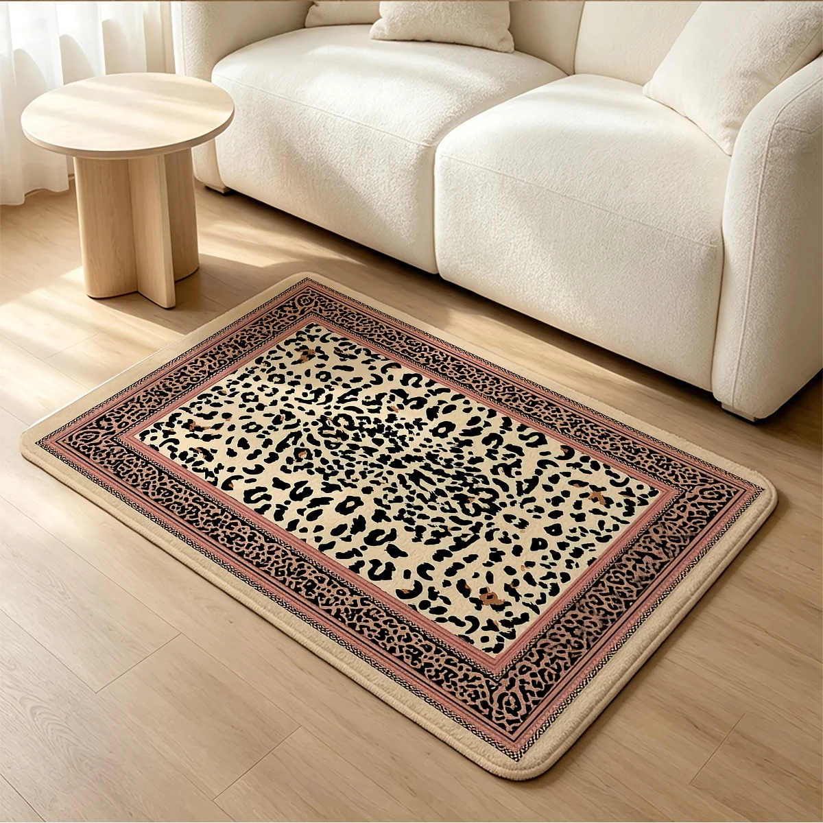 VIKAMA Retro Leopard Print Area Rug Ornate Multi Border Frame Non‑Slip Soft Floor Mat for Living Room Bedroom Home Decor