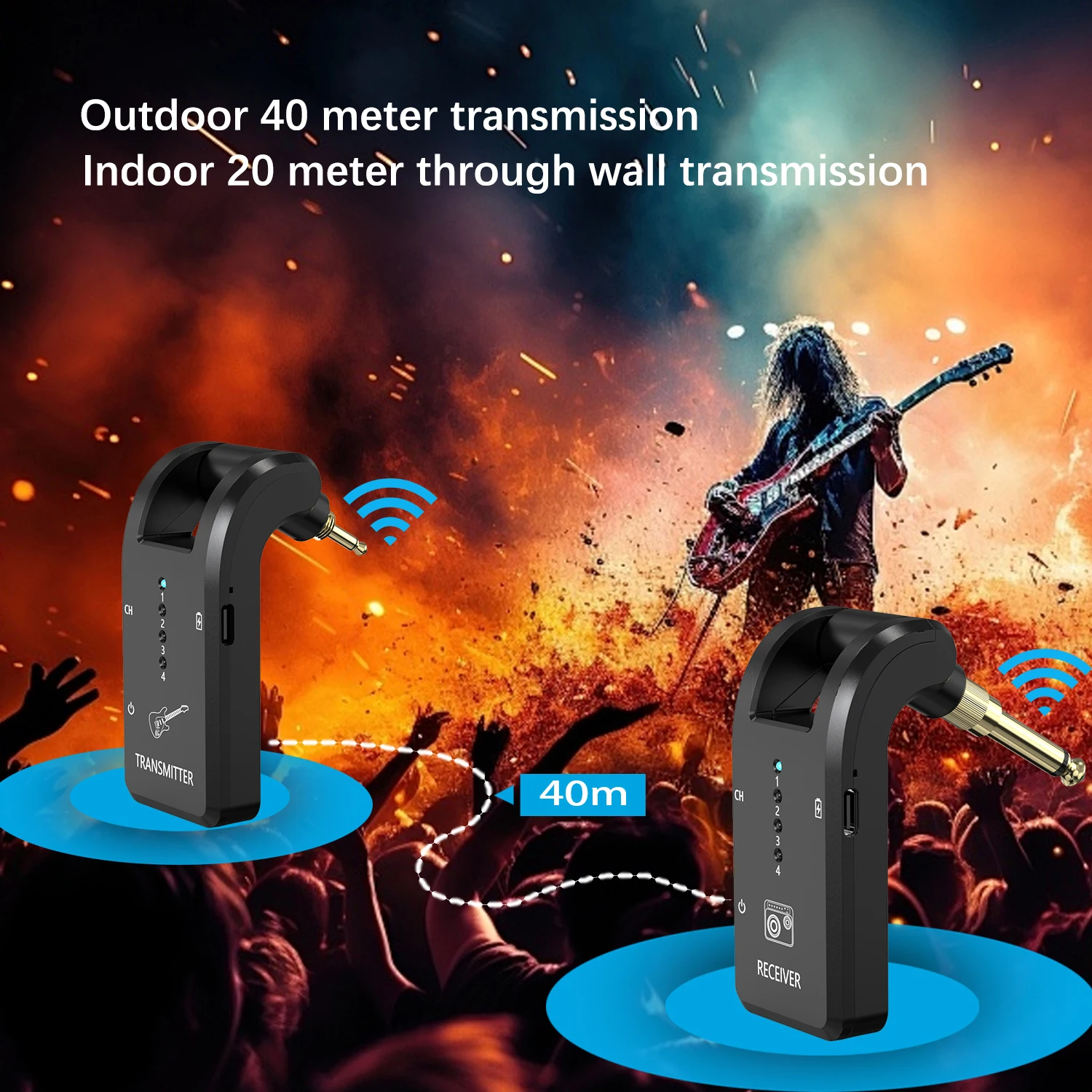 Wireless Guitar System 2.4 G with 8 Channels Rechargeable  3.5mm Plug Transmitter Receiver for Guitar Bass Electric Instruments