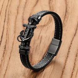 New Fashion Punk Stainless Steel Anchor Bracelets Genuine Leather Bracelet Bangles for Men Bracelet Luxury Rock Hip Hop Jewelry