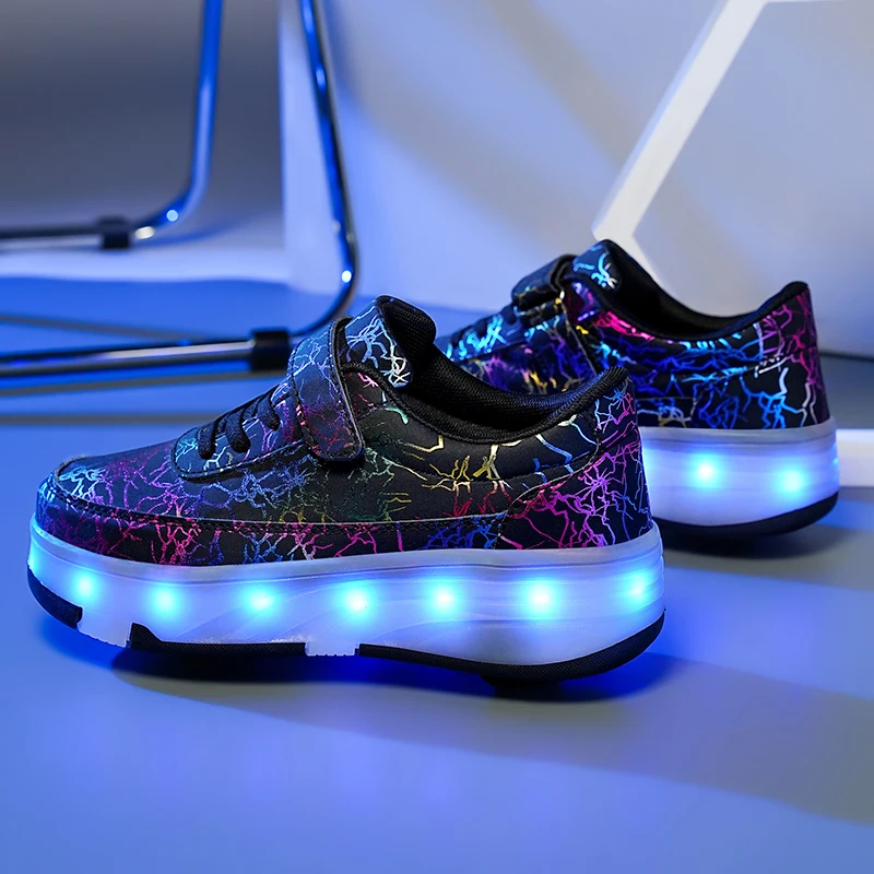 Hot Leather LED Illuminated Shoes Girls Invisible Double Layer Roller Skates Running Lights Children's Walking Shoes