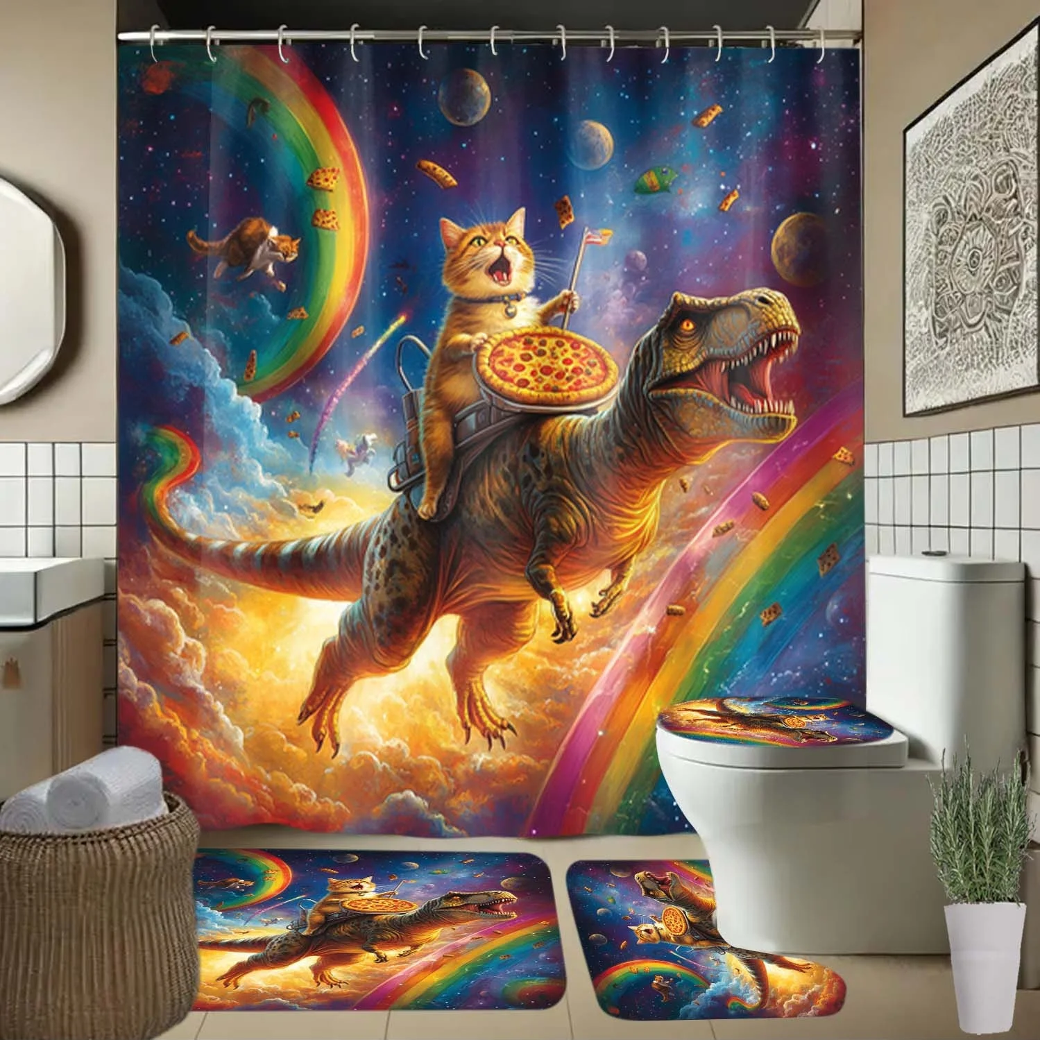

Набор для ванной комнаты Space Cat Riding Dinosaur: водонепроницаемая занавеска для душа, мягкий контурный коврик, стильная крышка унитаза, нескользящий коврик для ванны