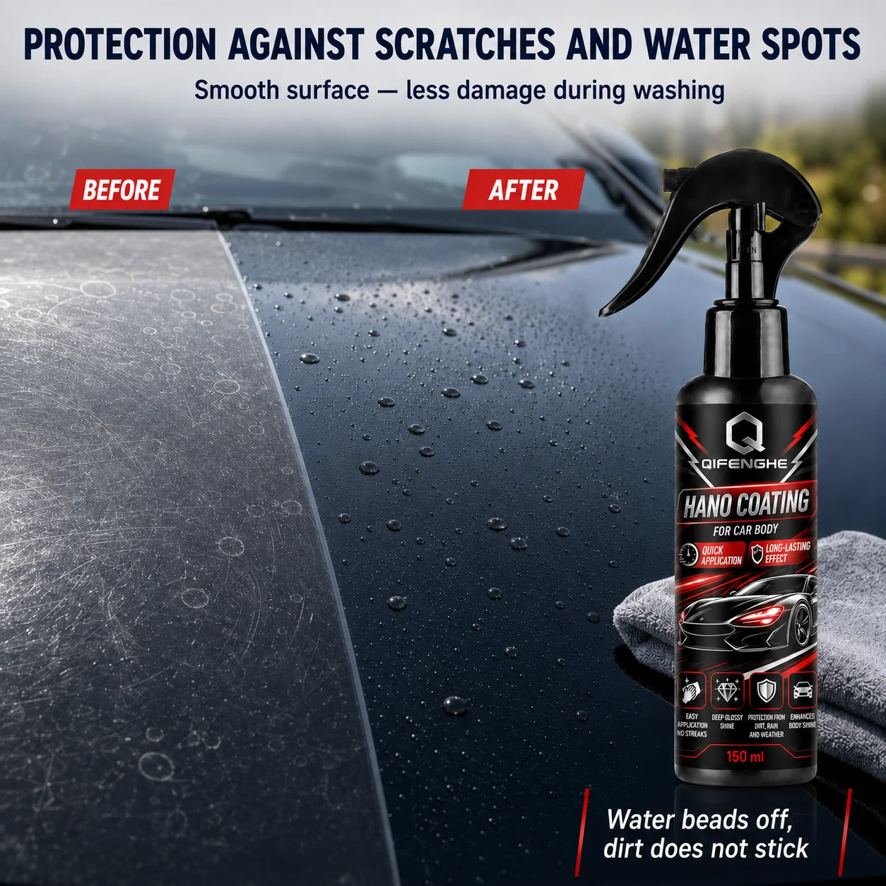QIFENGHE 150ml Nano Coating Spray with Towel Car Paint Quick Coating Waterproof Anti-Fouling Vehicle Exterior Maintenance Polish