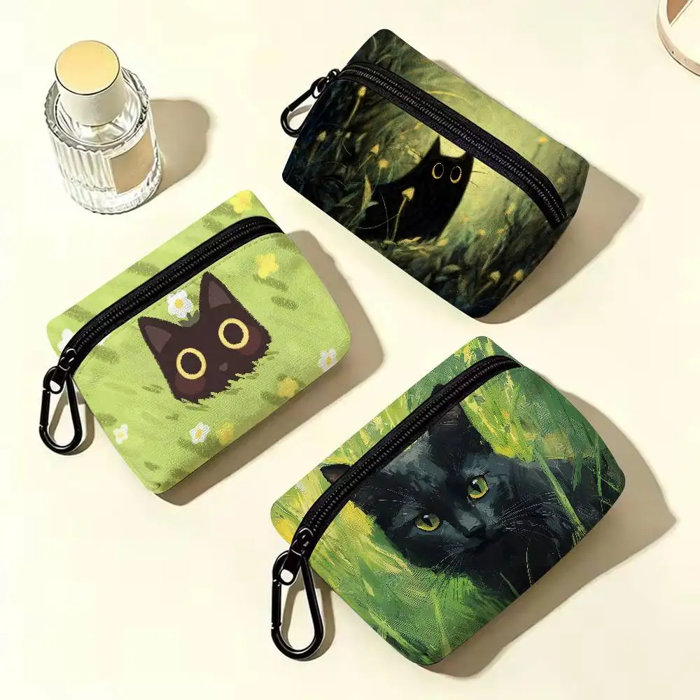 Black Cat Art Waterproof Coin Purse Garden Cat Print Small Wallet Portable Zipper Pouch Coin Earphone Card Storage Daily Use