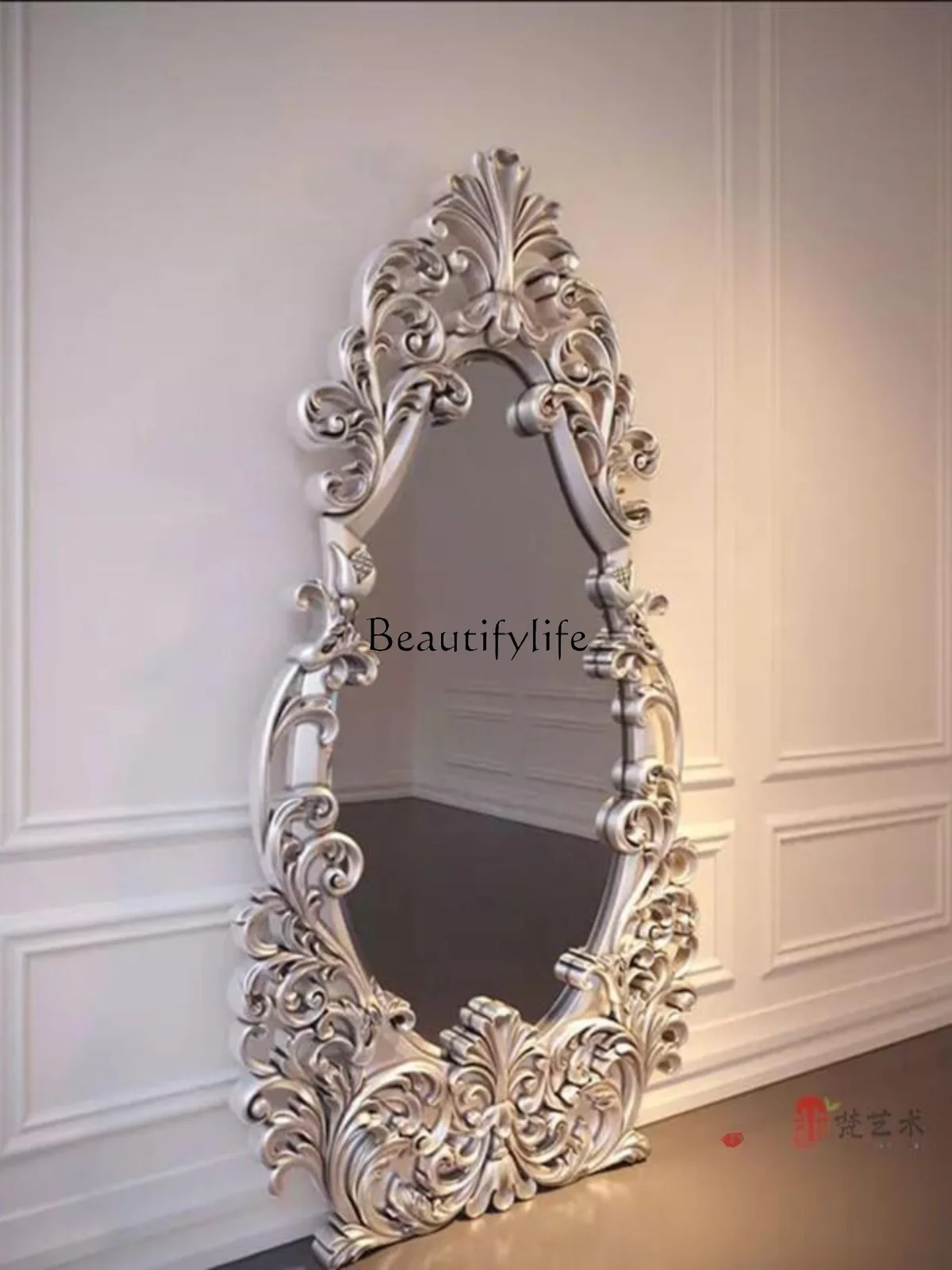 French full body retro light luxury carved full-length mirror wall-mounted European fireplace decorative mirror