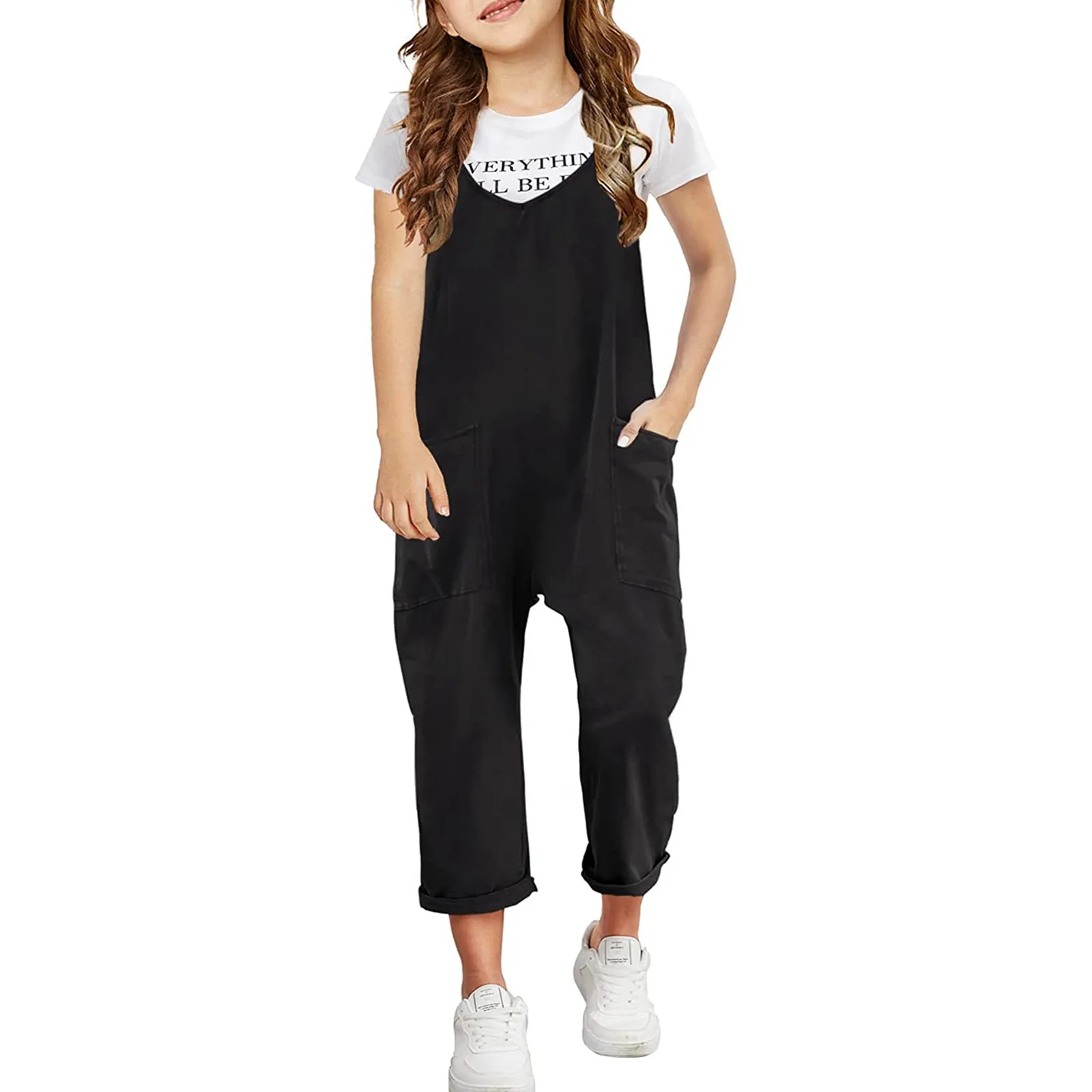 

Girls Casual Sleeveless Jumpsuits Loose Overalls Rompers Long Pants With Pocket 1 Piece Overalls Comfortable Jumpsuit ropa niña