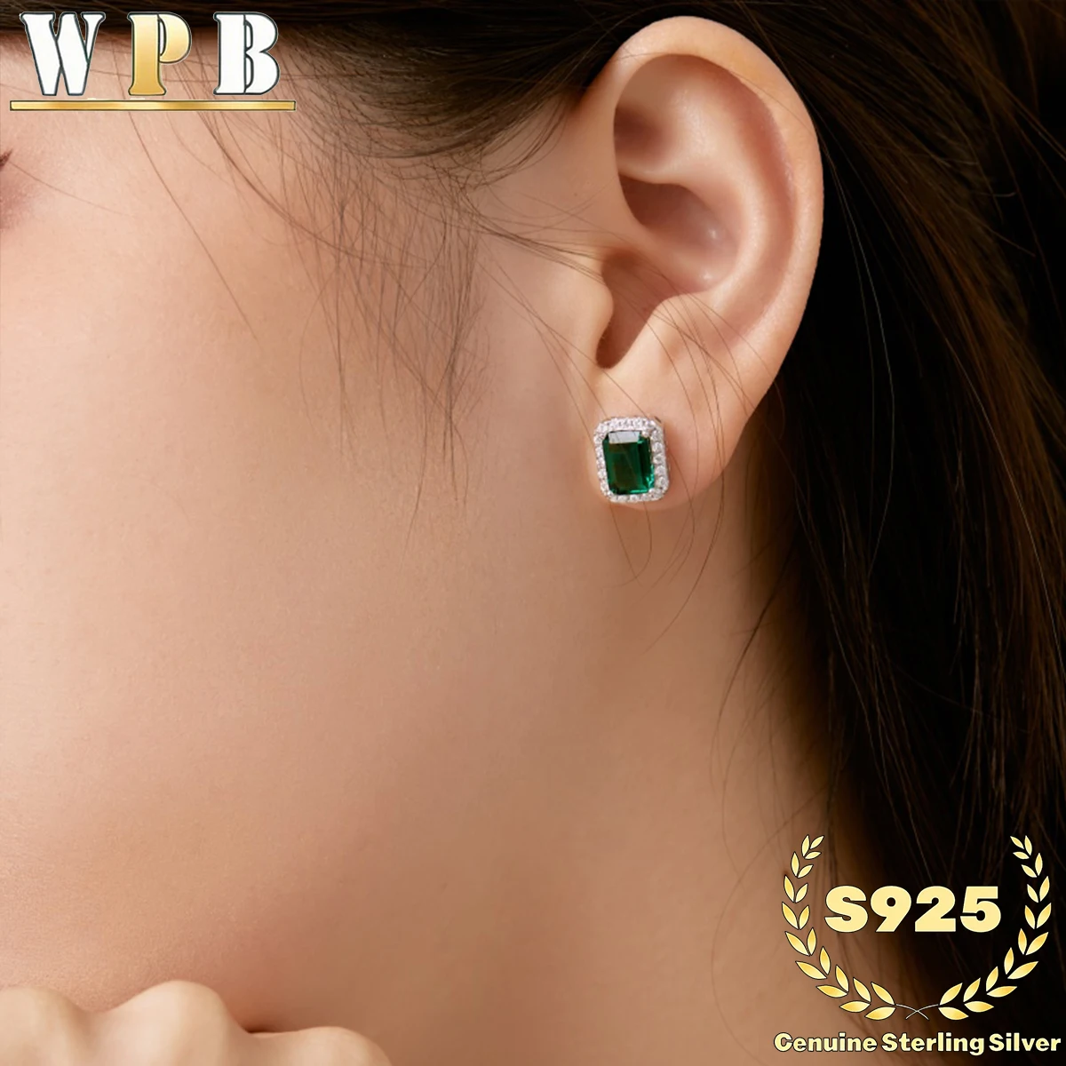 S925 Sterling Silver Stud Earrings Emerald Green Zircon Four Prong Double Halo for Women Classic Formal Wedding Bridal Jewelry