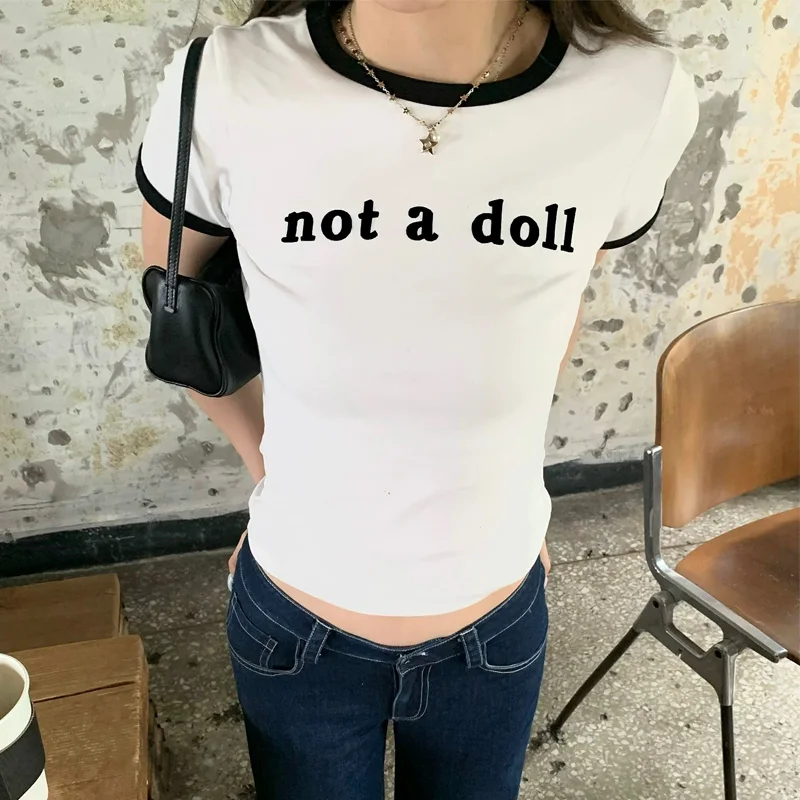 Y2k Tops Letter Print T-shirts Harajuku Female Crop Top Hot Girl Slim Short Sleeves 2000s Clothes Vintage K Pop Emo Girl Tees