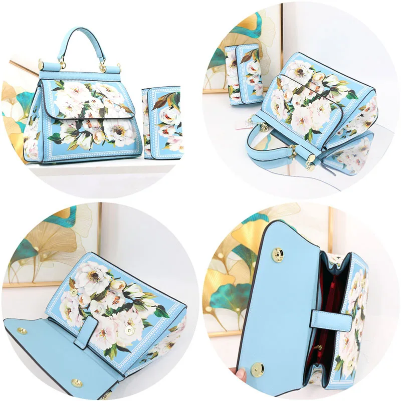 VM FASHION KISS Microfiber Wallet Handbag Set 2024 Printed Metal Frame Top Handbag European And American Shoulder Crossbody Bag