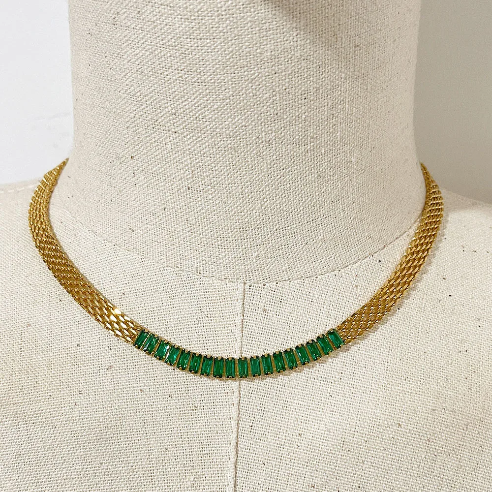 Ghidbk Vintage 18K pozłacane Mesh Choker naszyjnik z zielonym białym cyrkonią bagietka ze stali nierdzewnej Cz anty Tarnish biżuteria