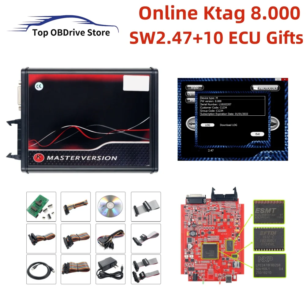 Unlimited EU Red ktag V2.47 V8.000 4 LED Online Server OBD2 Manager Remap Kit ECU Flash Tool Tricore Modules With 10ECU Gifts