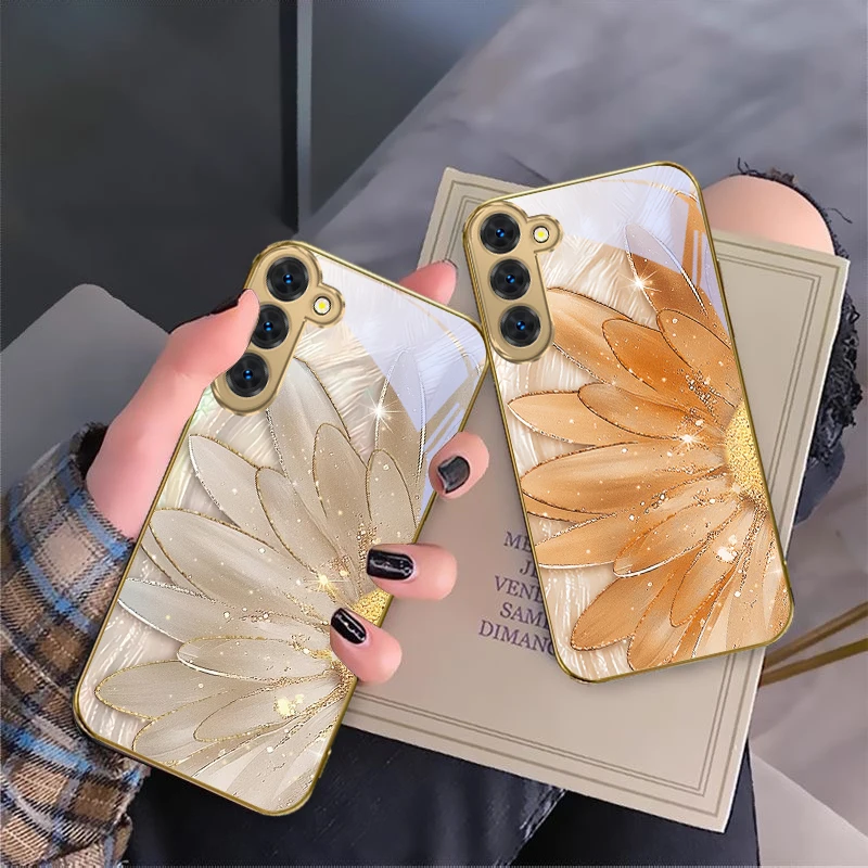 

Silk like petal texture For Samsung Galaxy S20 FE S21 S22 S23 Plus S24 Ultra 25Ultra S21+ S9+ S22Plus Golden glass phone case