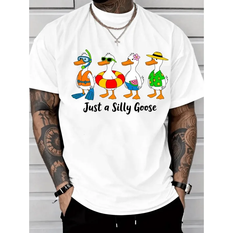 

T - shirt with four whimsical ducks in summer outfits and "Just a Silly Goose" text, for playful daily looks