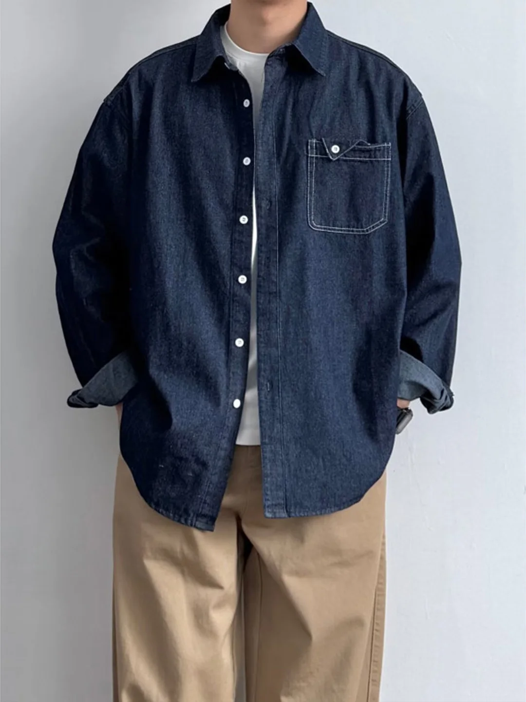 

Retro Korean Blue Denim Shirt Men's Long Sleeve Turn-down Collar Jacket Layering Style Autumn Fashion Outerwear