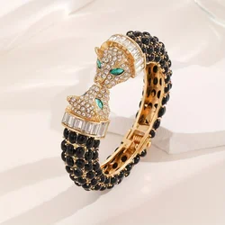 Vintage Luxury Full Rhinestone Double Headed Leopard Open Bangles Fashion Exquisite Versatile Bracelets Jewelry Gifts For Women