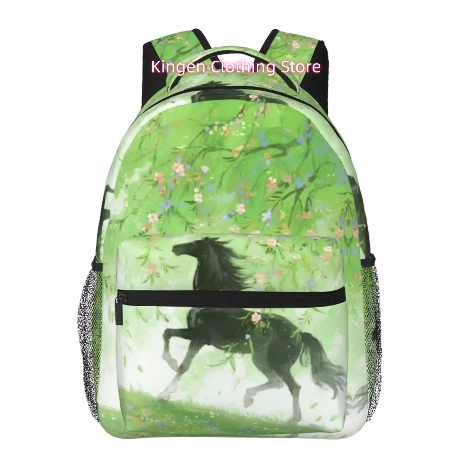 Watercolor Black Horse in Green Garden Print Backpack, Oxford Cloth, for Short Trips And Travel