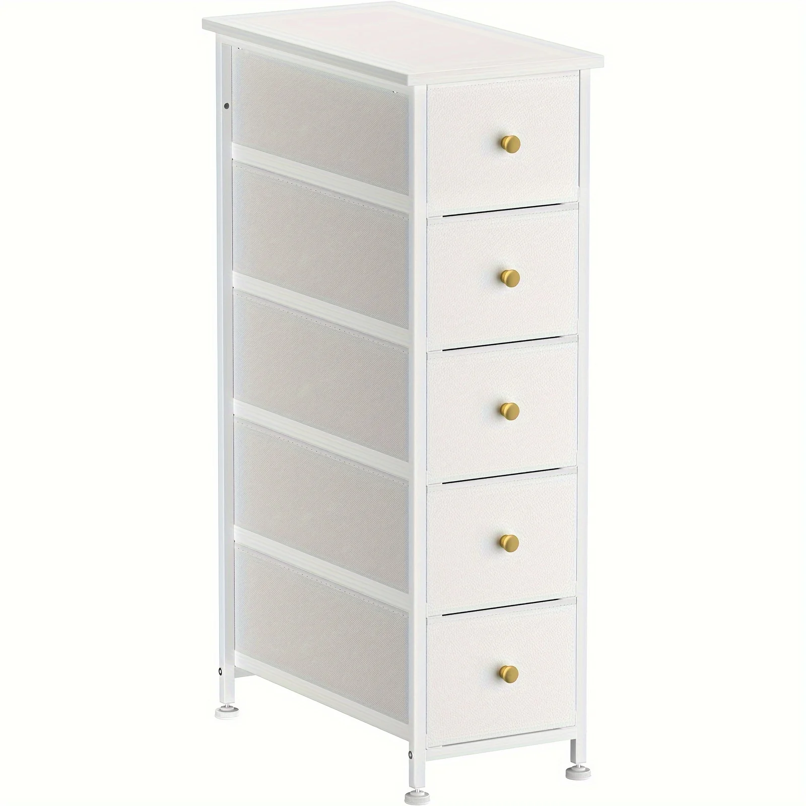 

Narrow Dresser Storage Tower with 5 Drawers, Slim Dresser Chest of Drawers with Steel Frame, Wood Top, Golden Knobs, White