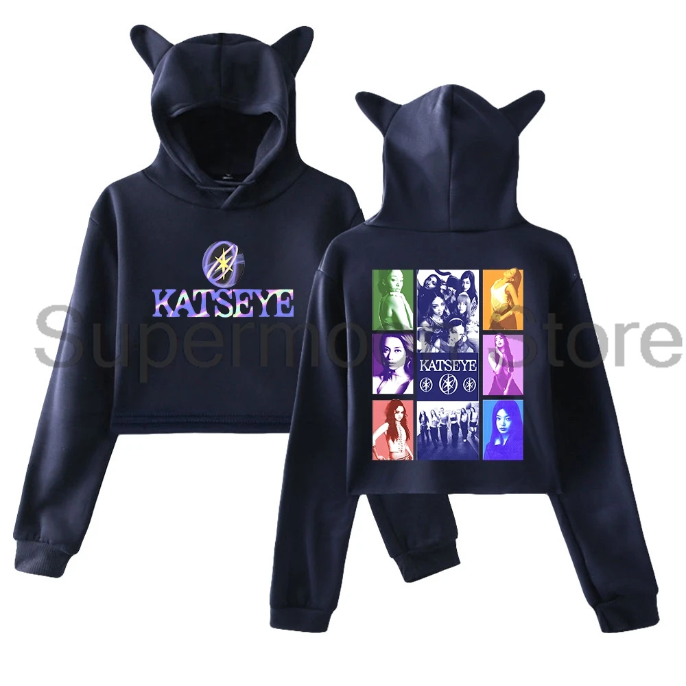 Kpop Katseye Merch هوديي 2025 جميل الفوضى جولة آذان القط مقنعين البلوز كم طويل المحاصيل الأعلى الملابس النسائية