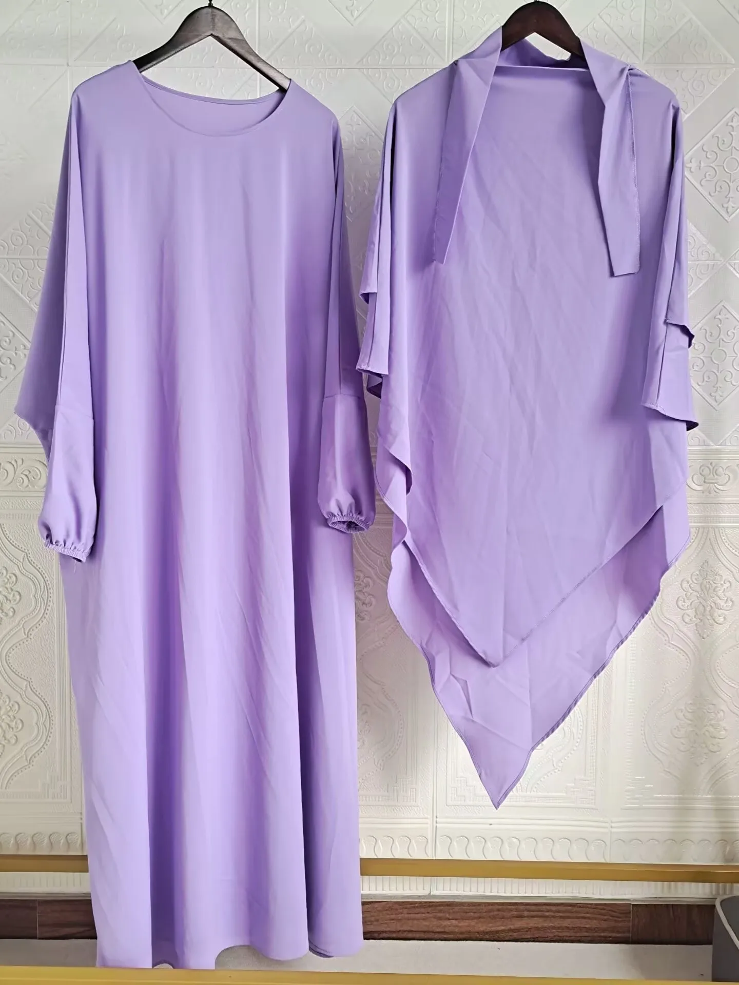 

Summer Women's Clothing Abaya Femme Muslim Woman Two Piece Set Long Sleeve Loose Maxi Dress For Woman Polyester Hijab Outfit