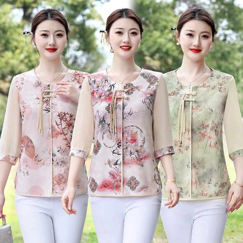 

Пуловер в китайском стиле, женский топ с рукавами три четверти с принтом, летние блузки больших размеров для мам среднего возраста, рубашки