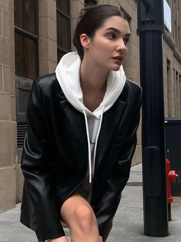 Black PU Leather Jacket Women's Loose Long Coat Style Commute Wind Waterproof Spring Autumn New Fashion High-End Feel Street ...