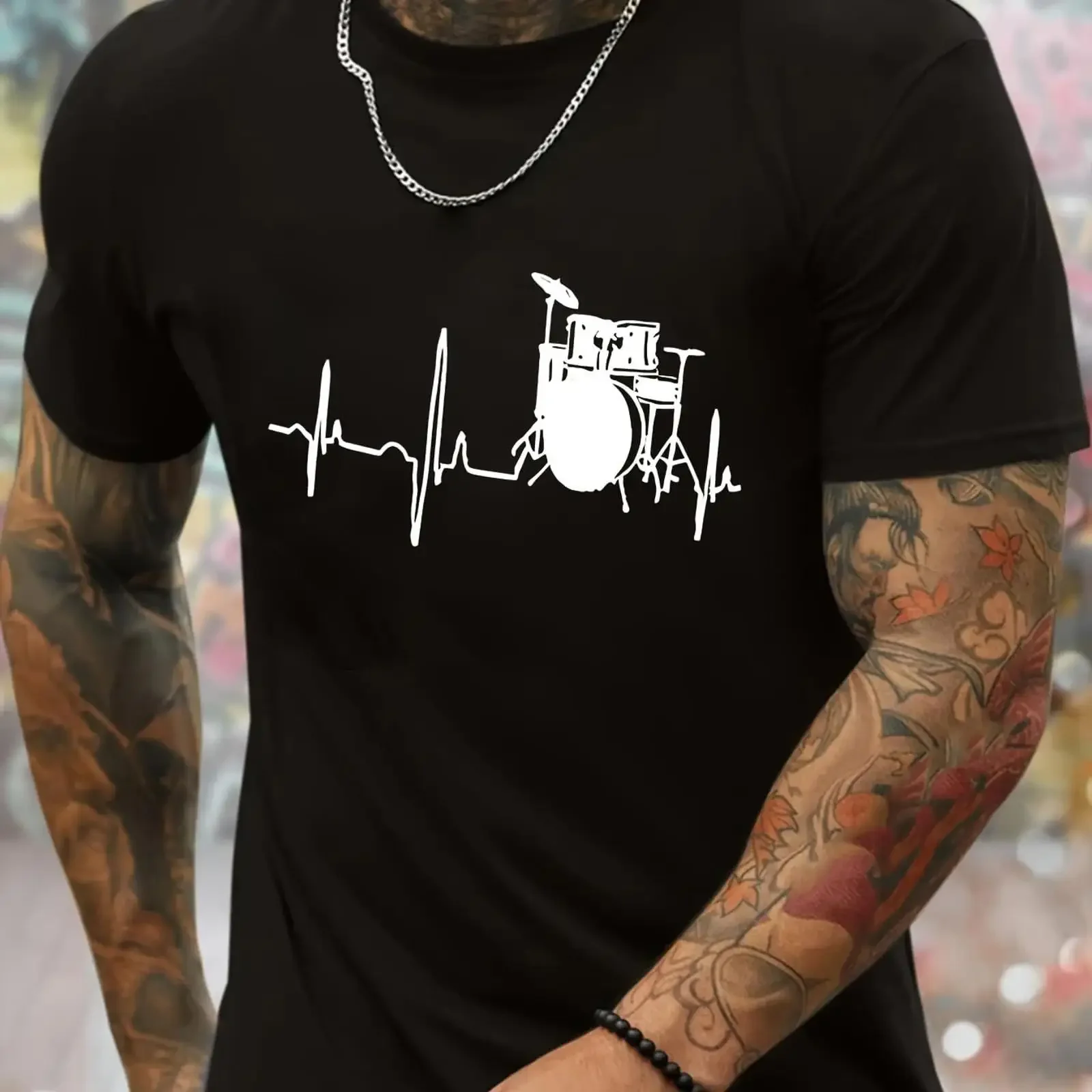 Men's Drum Set Heartbeat T Shirt Drummer Music Lover Casual Black vintage Washed designer clothes homme Top For Everyday Wear