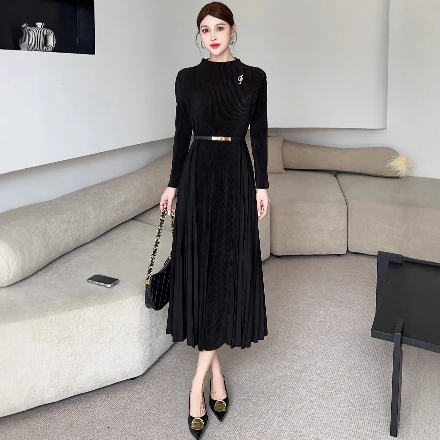 

Miyake Pleated Dress for Women 2025 New Solid Color Loose Large Size Half High Neck Long Sleeve Elegant Large Pleated Skirt