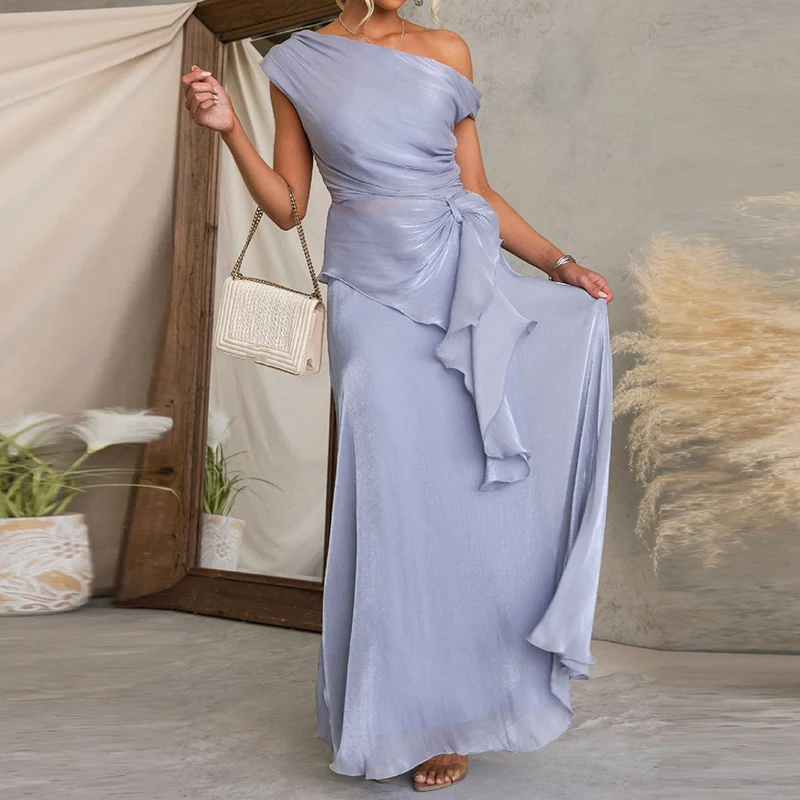 Elegant Slant Collar Backless Slim Outfit Casual Irregular Bright Silk Top+Skirt Two Piece Tredny Solid Off Shoulder Office Suit