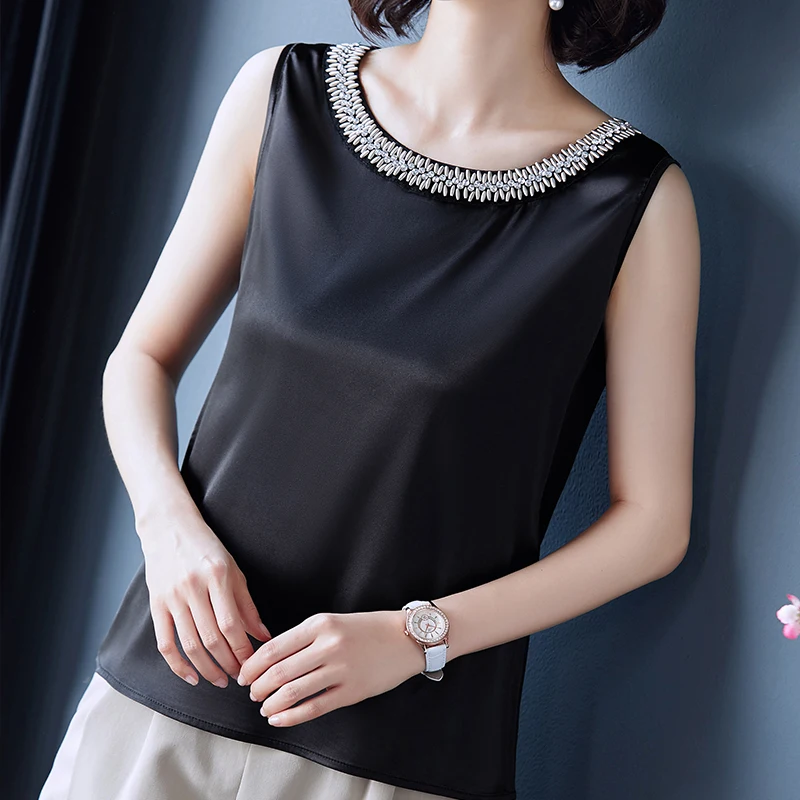 2024 Summer Women\'s Stylish V-neck Shirts and Blouses Fashion Elegant Satin Tops Silk Woman Office Lady Sleeveless Blusas 13741