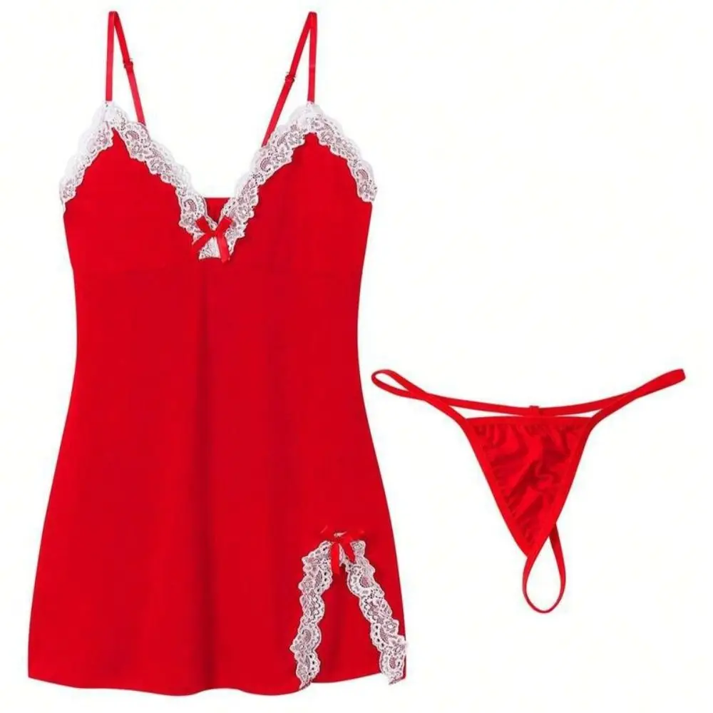 

Fork Design Women's Pajama Dress Sleeveless Thin Lace Suspender Nightgown Solid Color Party Dress Slim Sling Nightdress Girls