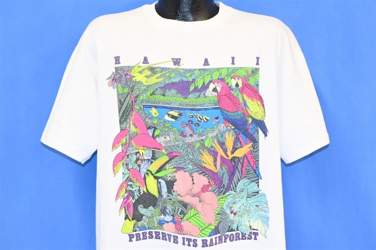 Camiseta Extra Grande con Estampado de Loros, Hibiscos y Tucanes de la Selva Tropical Hawaiana de los 90