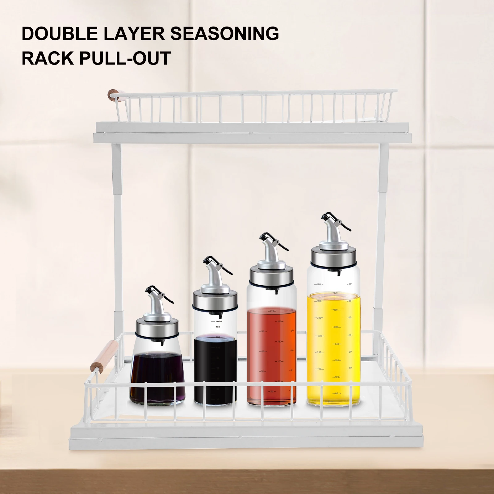 

2 tier Kitchen Cabinet ganizer Carbon Steel Spice Rack Pull out Storage Shelf Household Holder Under Sink