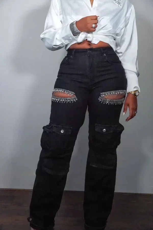 

Ripped Jeans for Women Denim Straight Pants Diamonds Multiple Pockets Stretch Distressed Floor Length Streetwear Trousers