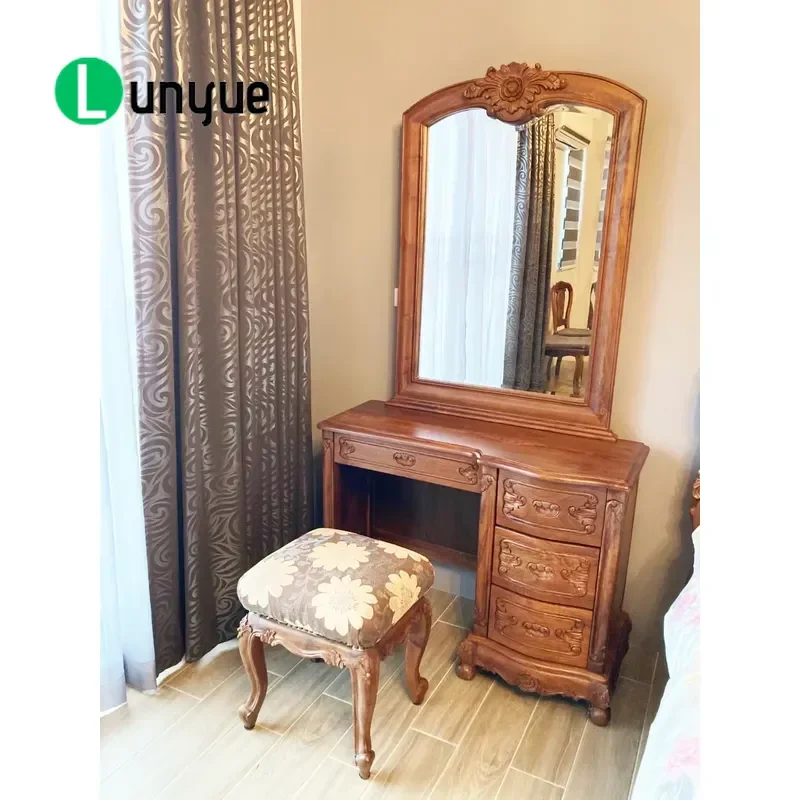 European Carved Teak Dresser with Mirror and Stool Handcrafted Multi-functional Bedroom Vanity Table Furniture Storage