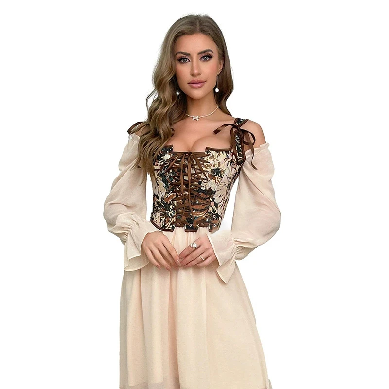 

Women Court-Inspired Tight Top Gorset French Jacquard Adjustment Corset New Front-Closure Shapewear Strapless Bustier