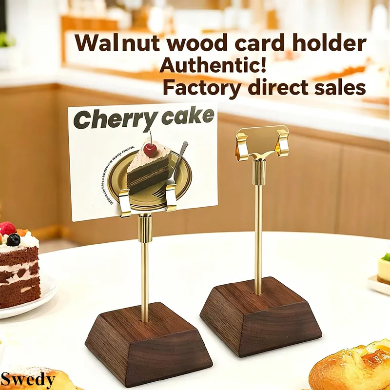 5 Pieces Adjustable Metal Clip Card Stand Wood Base Desktop Menu Label Holder Multi-Purpose Display Rack Table Number Stand