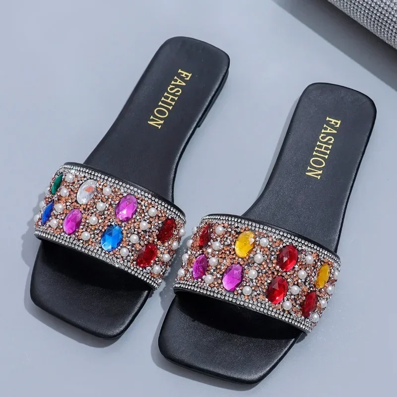 2024 New Fashion Versatile Solid Color Women\'s Slippers Temperament Rhinestone Decorated Open Toe Beach Shoes for Women Zapatos