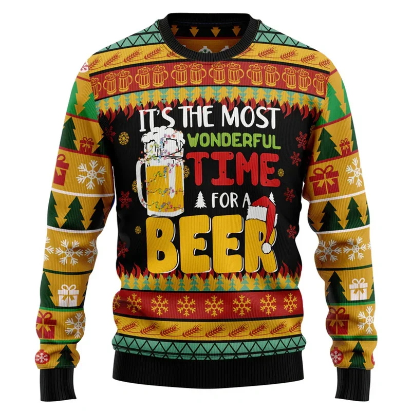 2024 Beer Lovers Ugly Christmas Sweater For Men 3d Printed Xmas Pullover Hoodies New Year Men Kids Long Sleeve Loose Sweaters