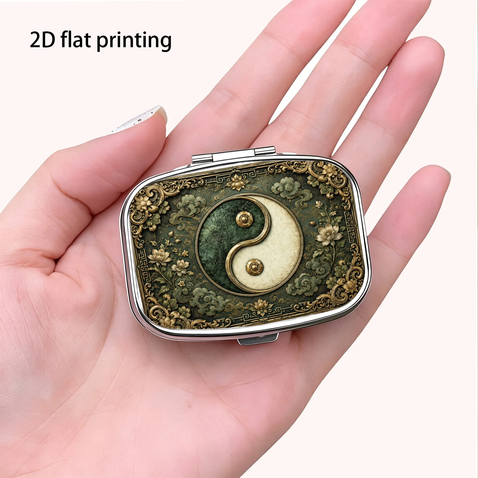Retro Green Plant and Floral Patterns Surround the Tai Chi Yin-Yang Pattern, a Small Square Pill Storage Box with Two Compartments, Portable Medicine Organizer, Can Also Be Used as a Home Portable Organizer, Decorative Box, Perfect for Handbags, Wallets, and Travel, Metal Storage Box, Small Jewelry Organizer, Ideal for Holiday Gifts, Souvenirs, Prizes, and Small Gifts
