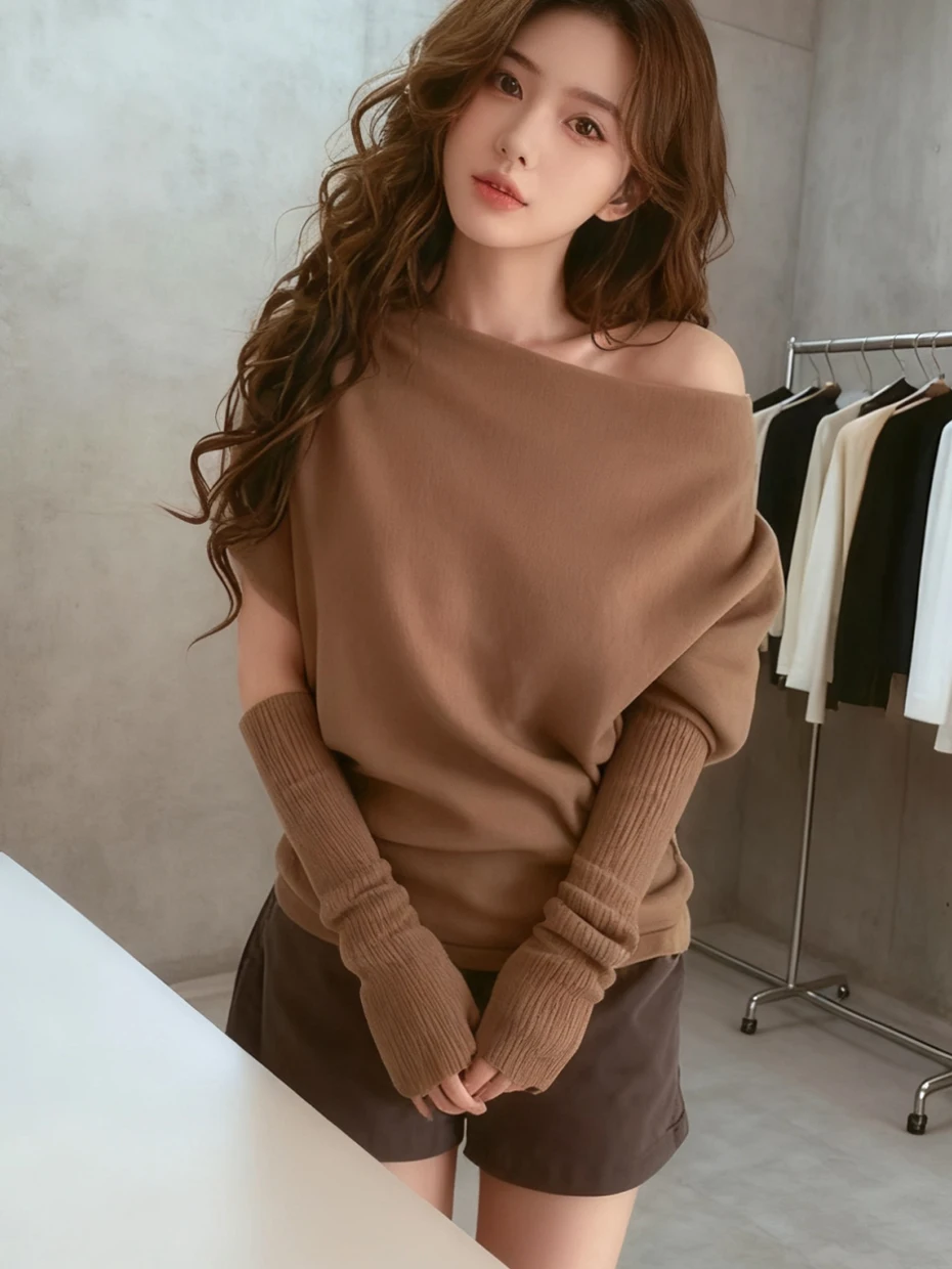 

Slim Fit Knitted Long Sleeve Bridesmaid Top Shoulder Bared One Shoulder Neckline Winter Inner Wear Base Shirt with Sleeve Set