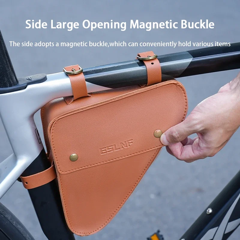 

ESLNF Retro Triangle Bag Bike PU Leather Bicycle Front Frame Ultra-light Tube Small Packet Repair Tool Pouch Cycling Accessory