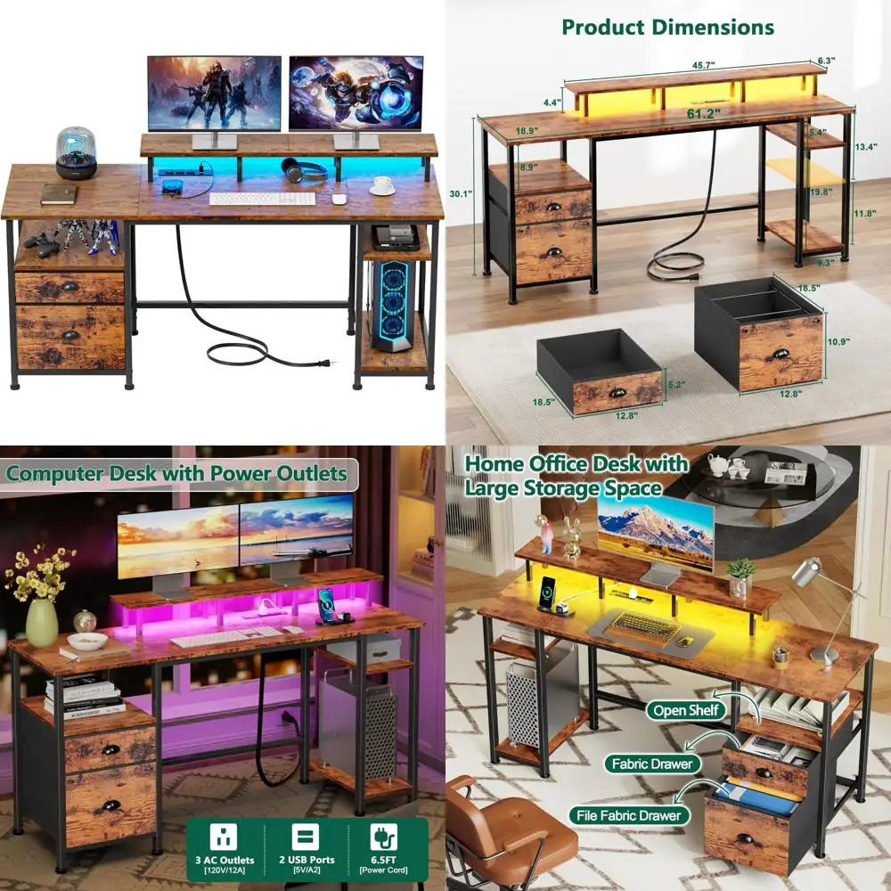 

Большой двусторонний компьютерный стол с тканевым ящиком и светодиодной подсветкой, включает розетку