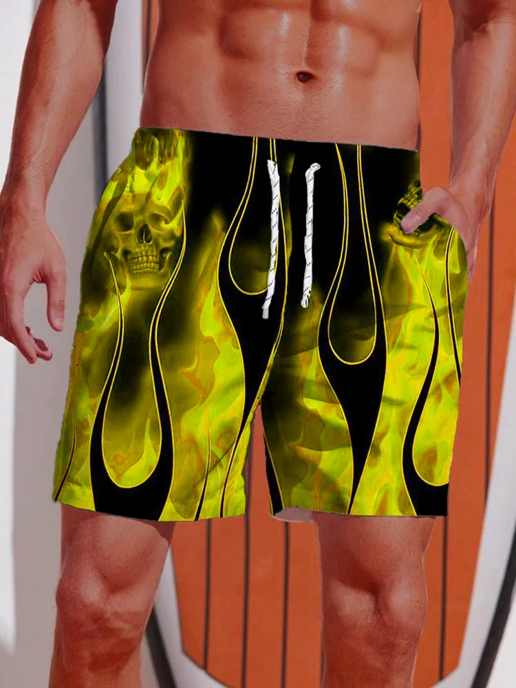 New Men's Summer Shorts Loose Luxury Shorts 3D Printed Casual Green Flame Printed Harajuku Shorts Hawaiian Beach Shorts