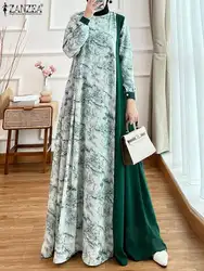 ZANZEA-Vestido largo de retazos florales para mujer, elegante túnica islámica musulmana de manga farol con cuello redondo, Abaya con bloqueo de Color