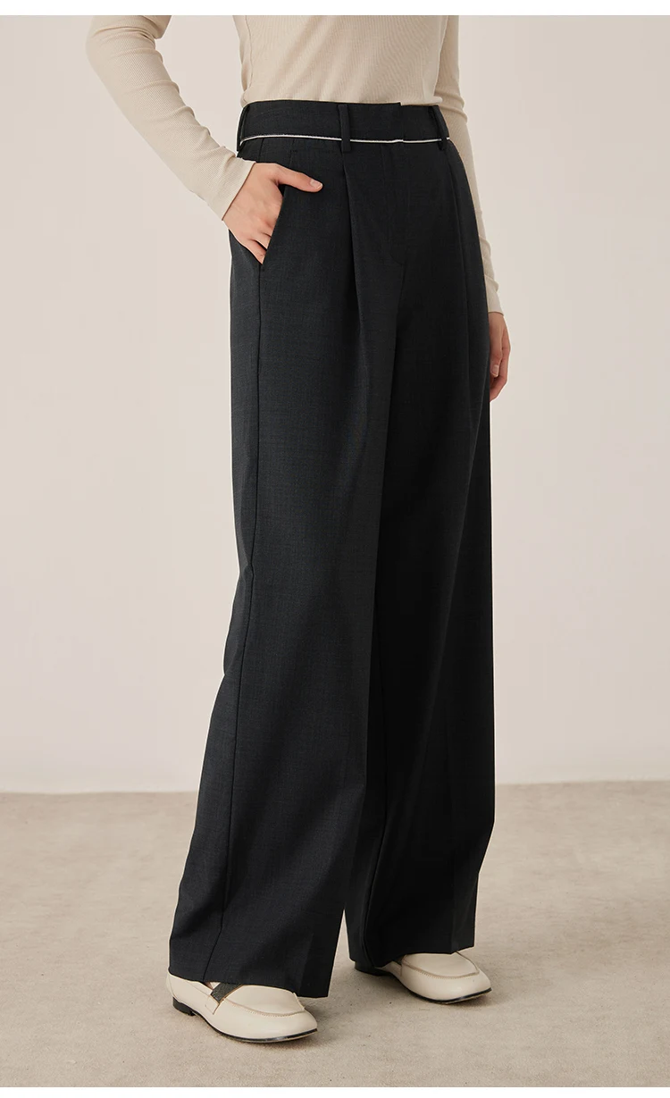 KL9523338 Hoch taillierte Hose aus Wollmischung mit weitem Bein für Damen, plissierte Vorderseite, Herbstmode, Damenbekleidung – Detail 9