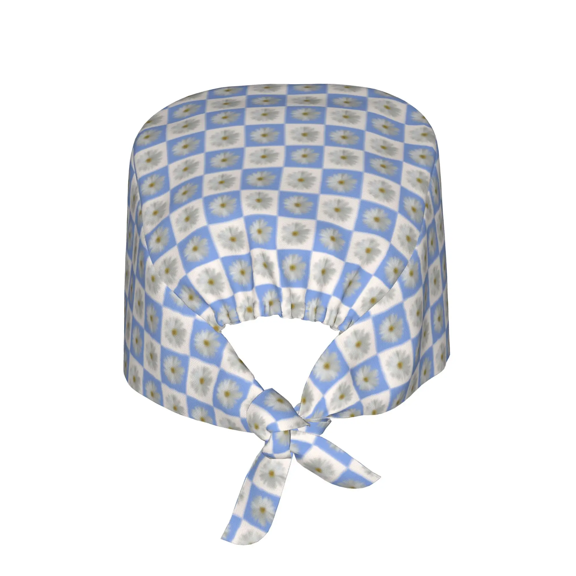 Daisy Checkered Pattern Nursing Work Cap Surgical Scrub Caps Nurse Medical Cap With White Flowers Work Scrubs Hat for Medical