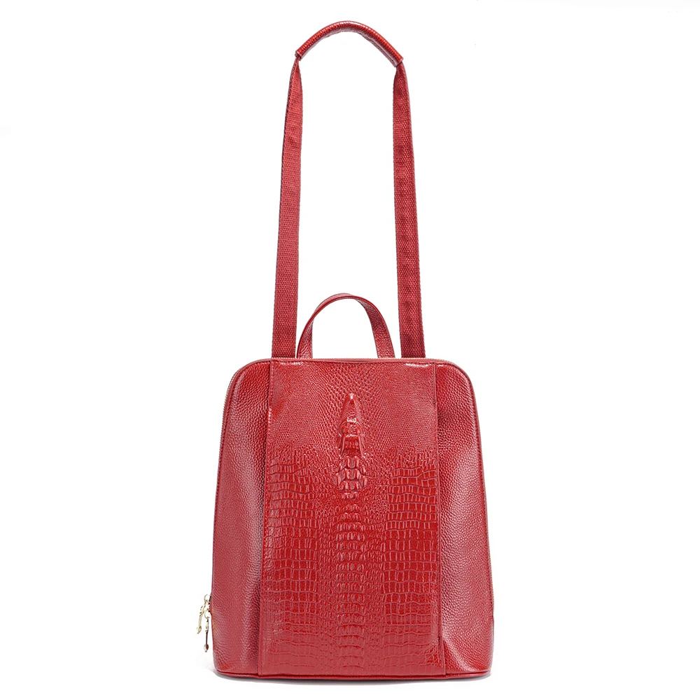 

Zency 100% Genuine Leather Dark Red Knapsack Ladies Crocodile Pattern Women Backpack Fit A4 Magazine Laptop