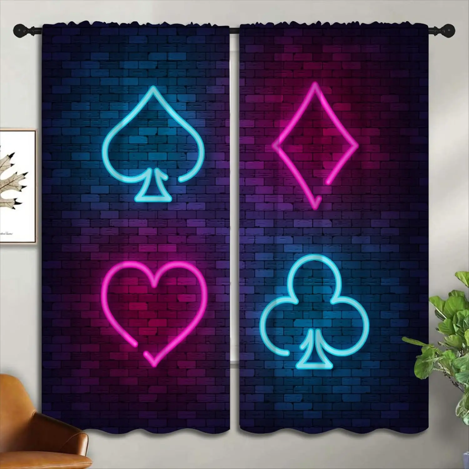 Neon Poker Blackout Curtains for Boys Girl Bedroom Home Decor,Diamonds Spades Clubs Poker Thermal Insulated Rod Pocket Darkening