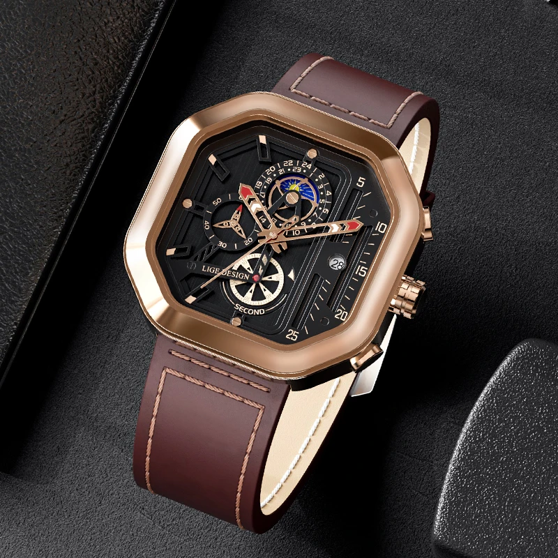 LIGE Fashion Square Dial Leather Mens Watches Luxury Sport Waterproof Watch Man Chronograph Quartz WristWatches Montre Homme+Box