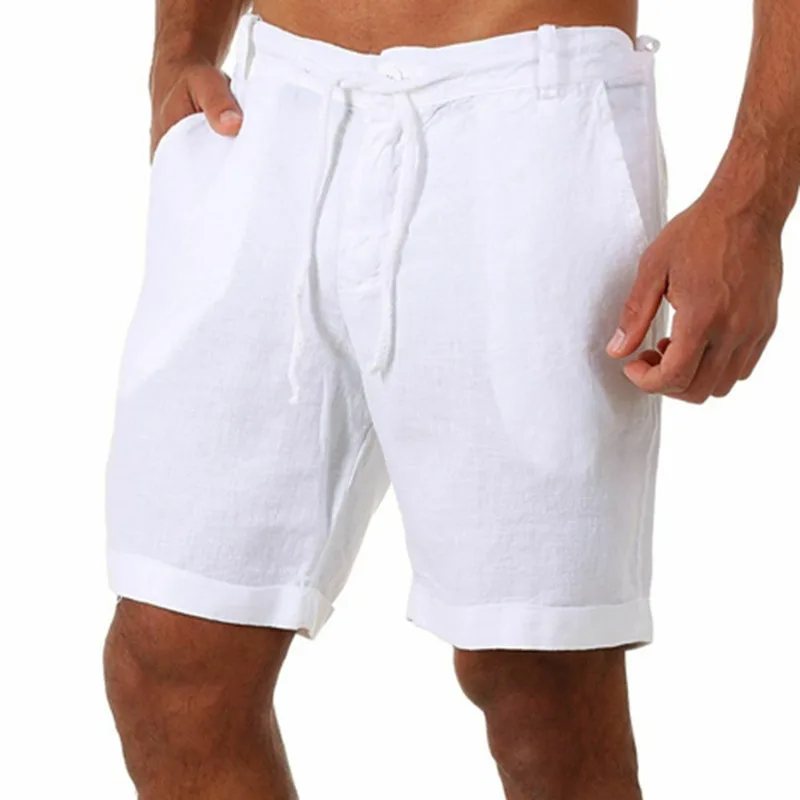 Short de sport à lacets en coton et lin pour homme, couleur unie, décontracté, taille haute, grande taille, nouvelle collection été